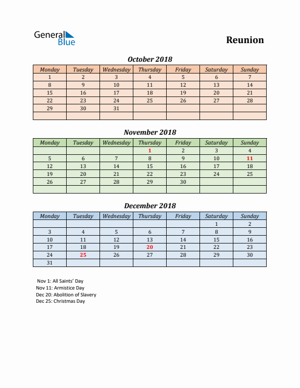 Q4 2018 Holiday Calendar - Reunion