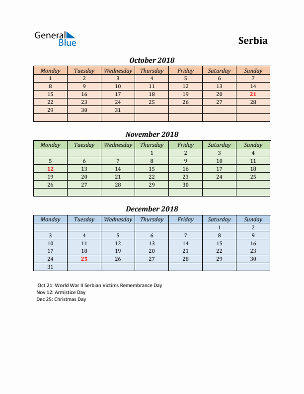 Q4 2018 Holiday Calendar - Serbia