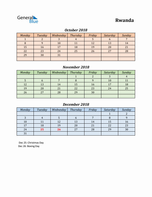 Q4 2018 Holiday Calendar - Rwanda