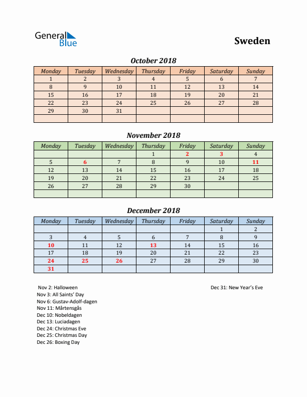 Q4 2018 Holiday Calendar - Sweden