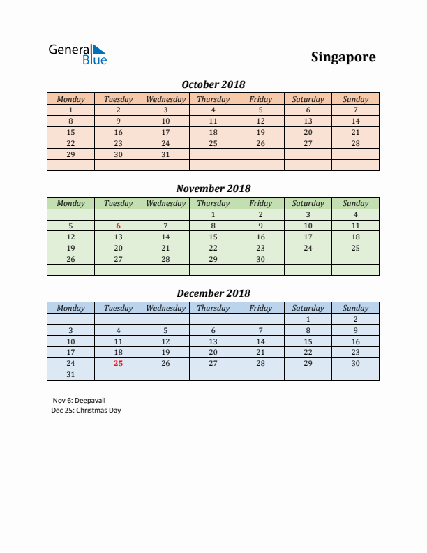 Q4 2018 Holiday Calendar - Singapore