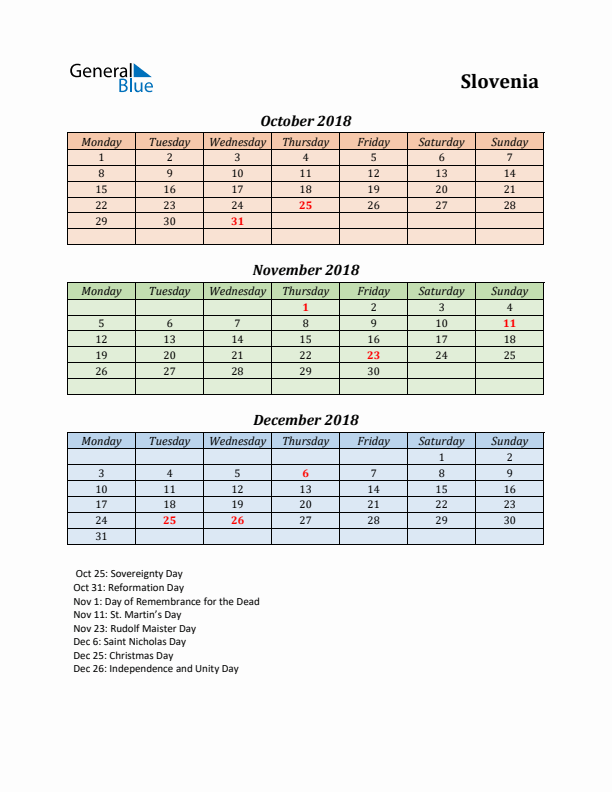 Q4 2018 Holiday Calendar - Slovenia