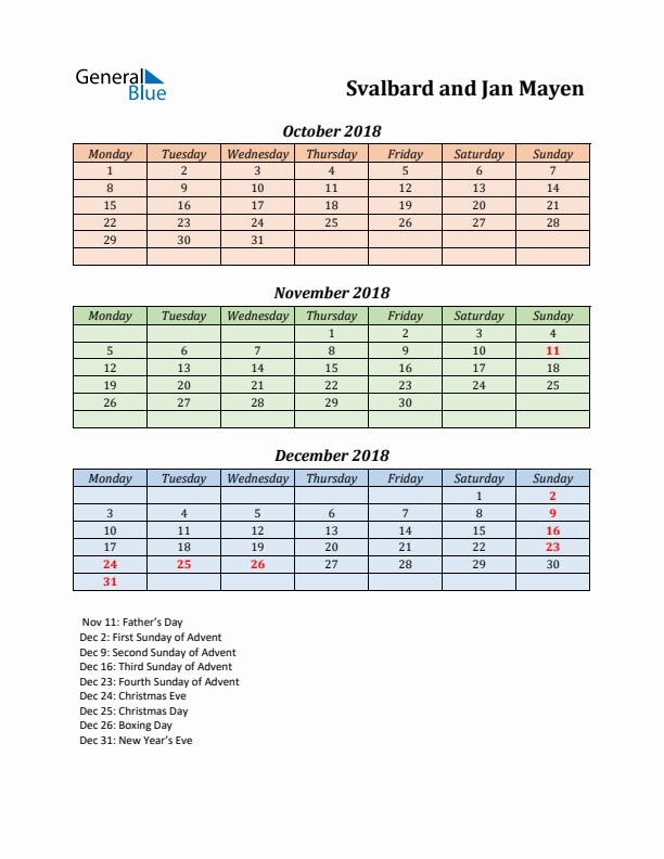 Q4 2018 Holiday Calendar - Svalbard and Jan Mayen