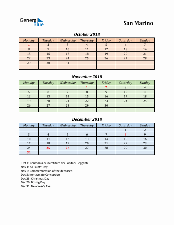 Q4 2018 Holiday Calendar - San Marino