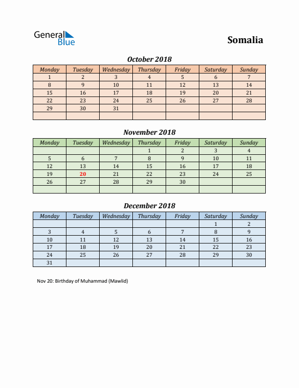 Q4 2018 Holiday Calendar - Somalia