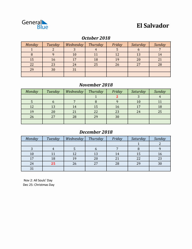 Q4 2018 Holiday Calendar - El Salvador