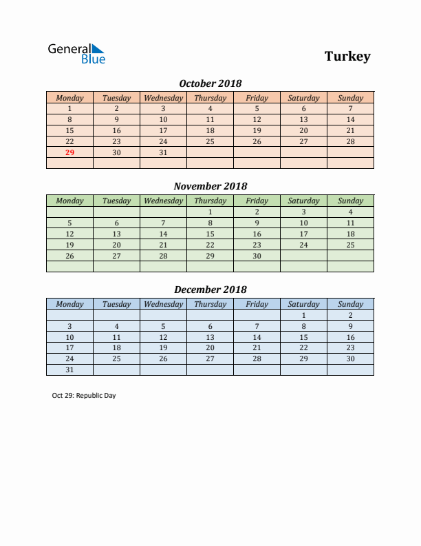 Q4 2018 Holiday Calendar - Turkey