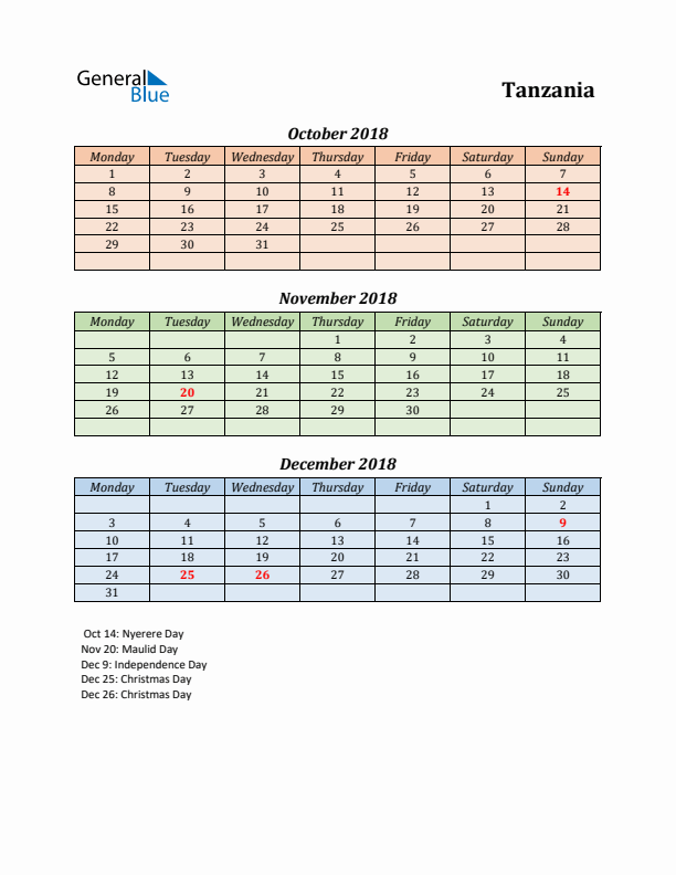 Q4 2018 Holiday Calendar - Tanzania