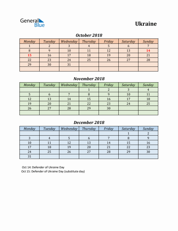 Q4 2018 Holiday Calendar - Ukraine