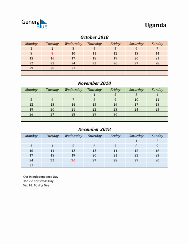 Q4 2018 Holiday Calendar - Uganda