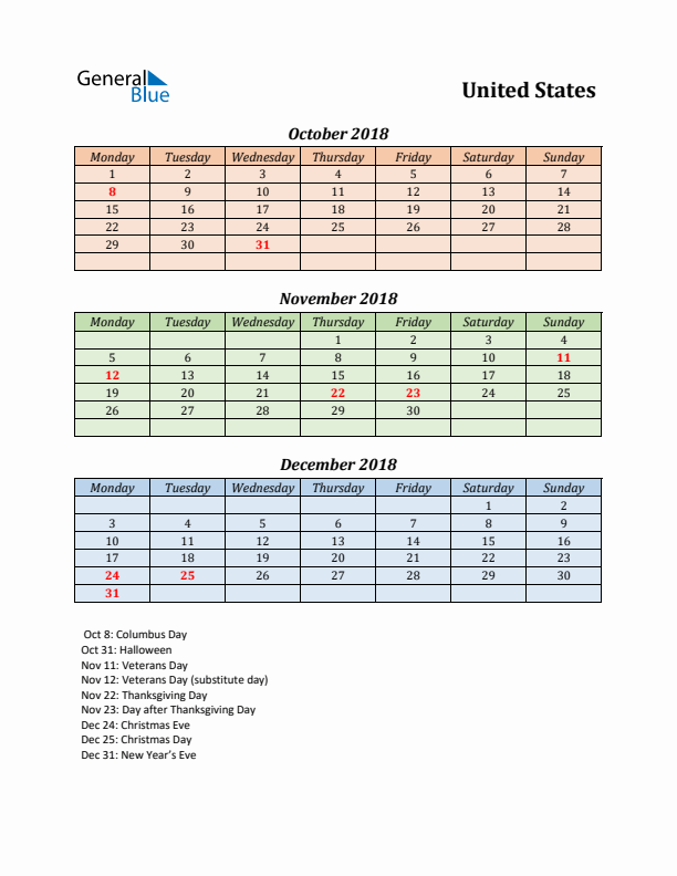 Q4 2018 Holiday Calendar - United States