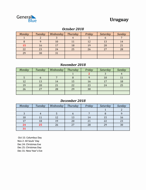 Q4 2018 Holiday Calendar - Uruguay