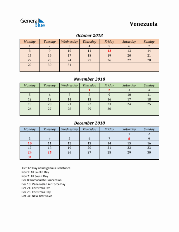 Q4 2018 Holiday Calendar - Venezuela