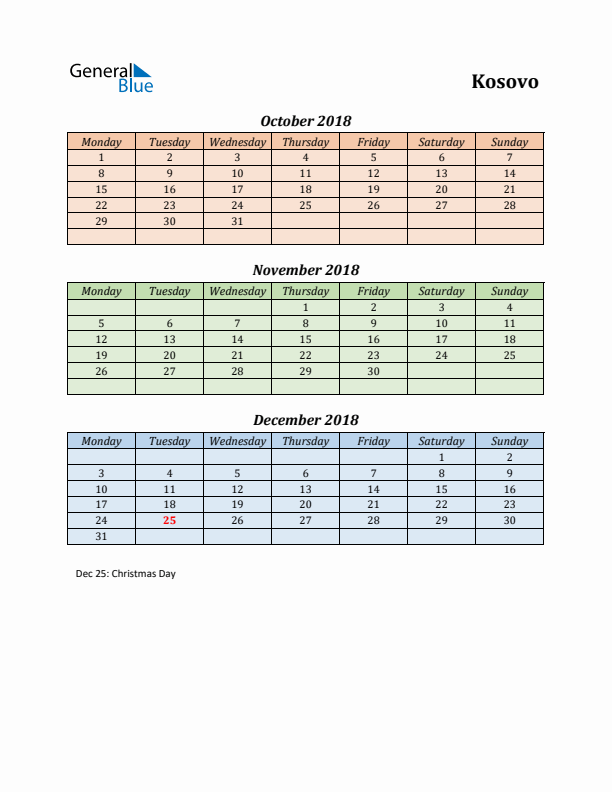 Q4 2018 Holiday Calendar - Kosovo