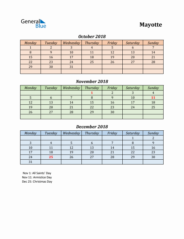 Q4 2018 Holiday Calendar - Mayotte