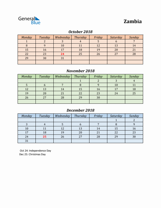 Q4 2018 Holiday Calendar - Zambia