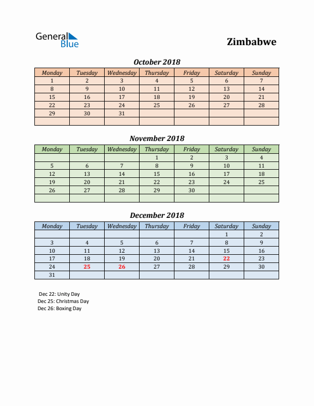 Q4 2018 Holiday Calendar - Zimbabwe