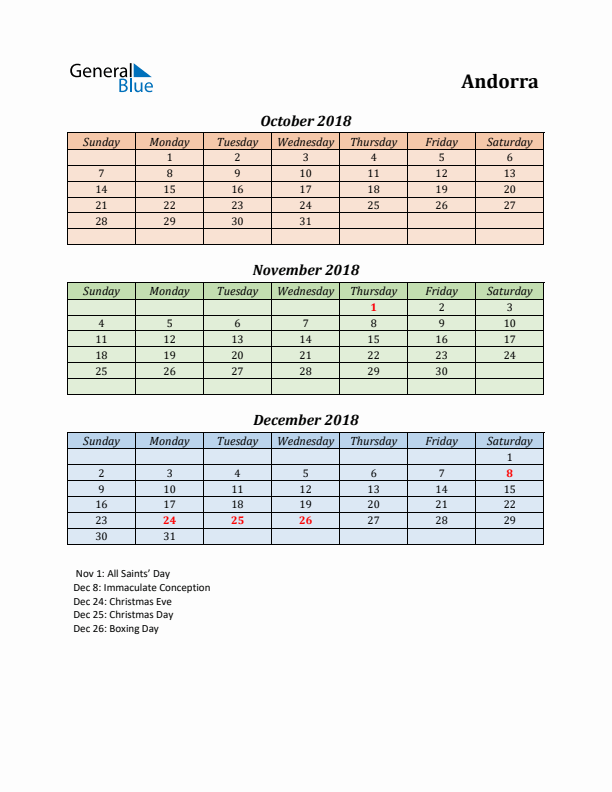 Q4 2018 Holiday Calendar - Andorra