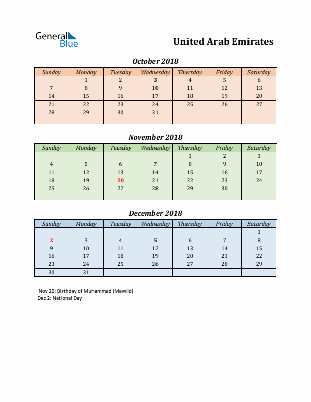 Q4 2018 Holiday Calendar - United Arab Emirates