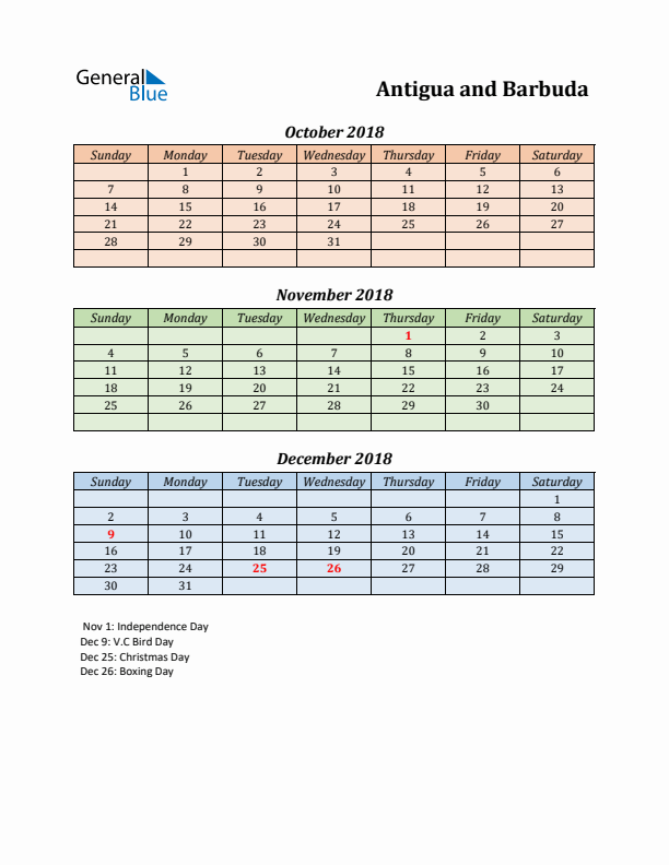 Q4 2018 Holiday Calendar - Antigua and Barbuda