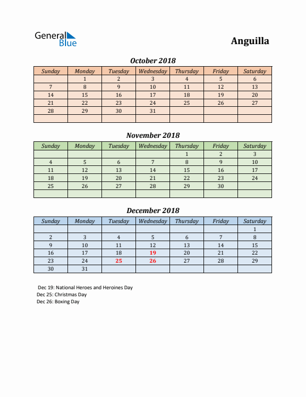 Q4 2018 Holiday Calendar - Anguilla