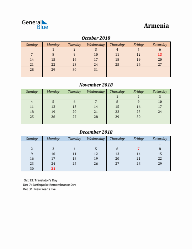 Q4 2018 Holiday Calendar - Armenia