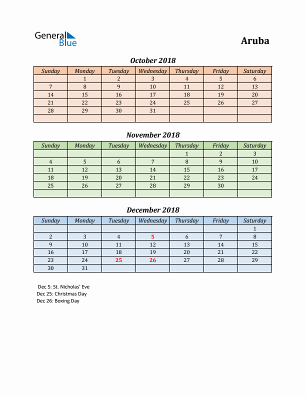 Q4 2018 Holiday Calendar - Aruba