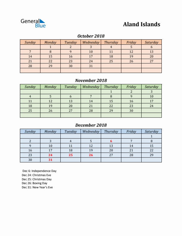 Q4 2018 Holiday Calendar - Aland Islands