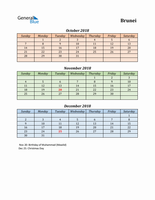 Q4 2018 Holiday Calendar - Brunei