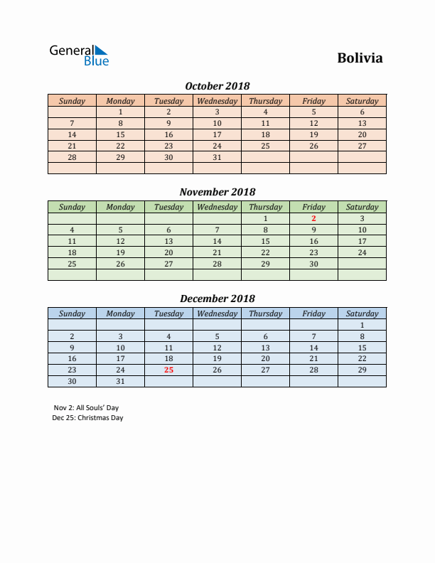 Q4 2018 Holiday Calendar - Bolivia