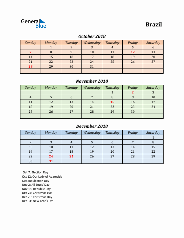 Q4 2018 Holiday Calendar - Brazil