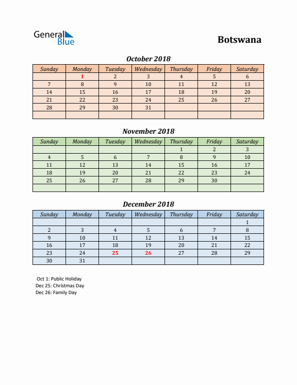 Q4 2018 Holiday Calendar - Botswana