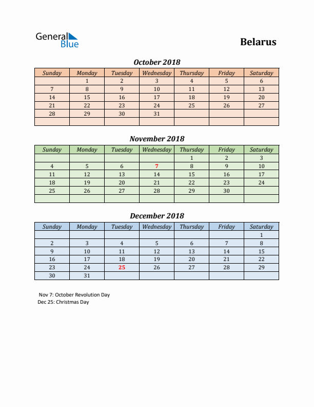 Q4 2018 Holiday Calendar - Belarus