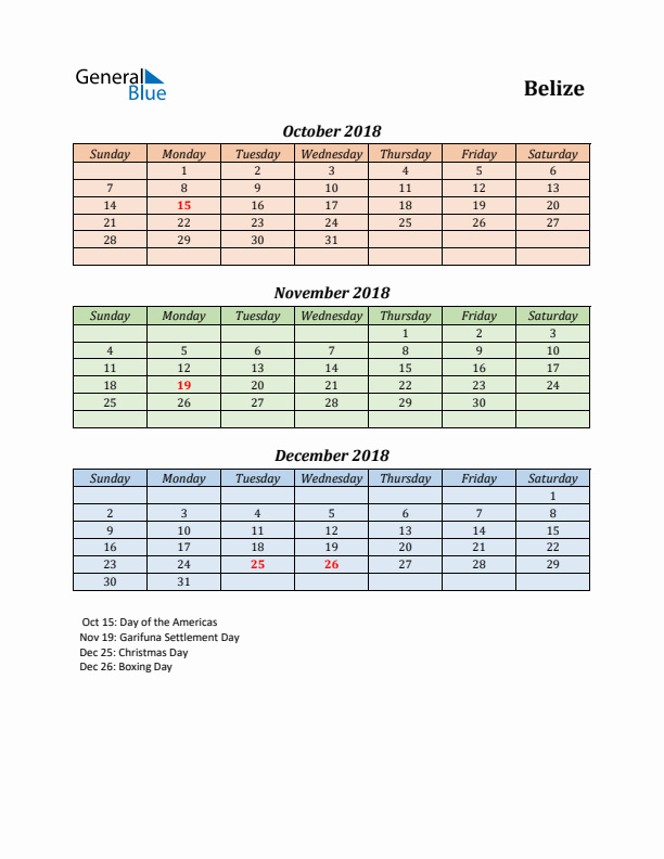 Q4 2018 Holiday Calendar - Belize