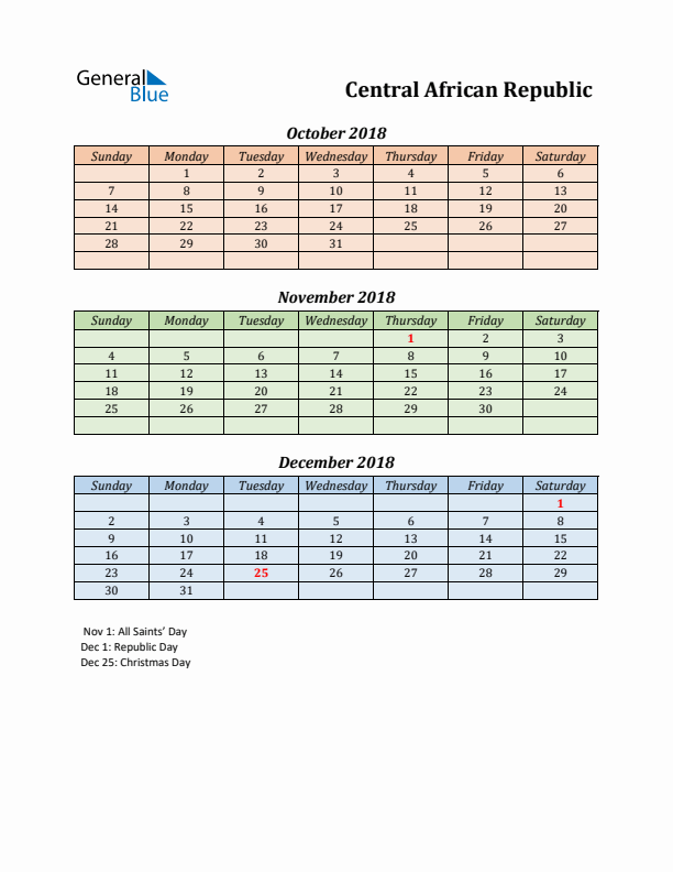 Q4 2018 Holiday Calendar - Central African Republic