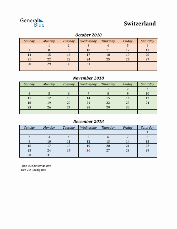 Q4 2018 Holiday Calendar - Switzerland