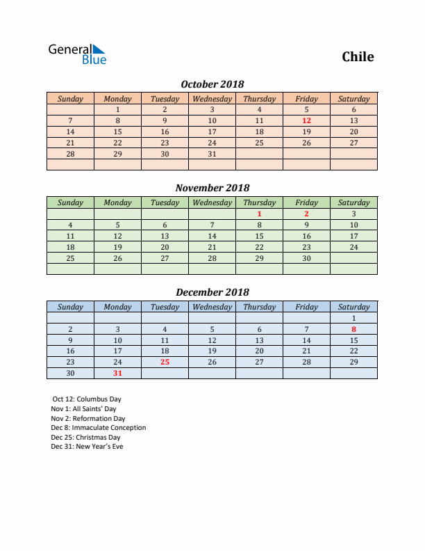 Q4 2018 Holiday Calendar - Chile