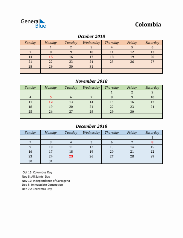 Q4 2018 Holiday Calendar - Colombia