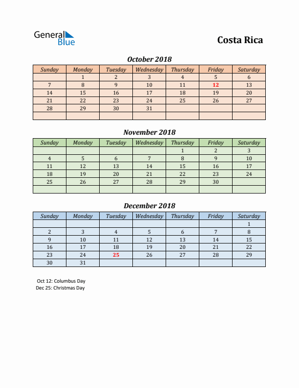 Q4 2018 Holiday Calendar - Costa Rica