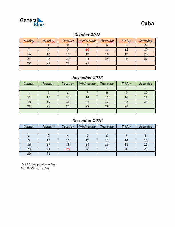 Q4 2018 Holiday Calendar - Cuba