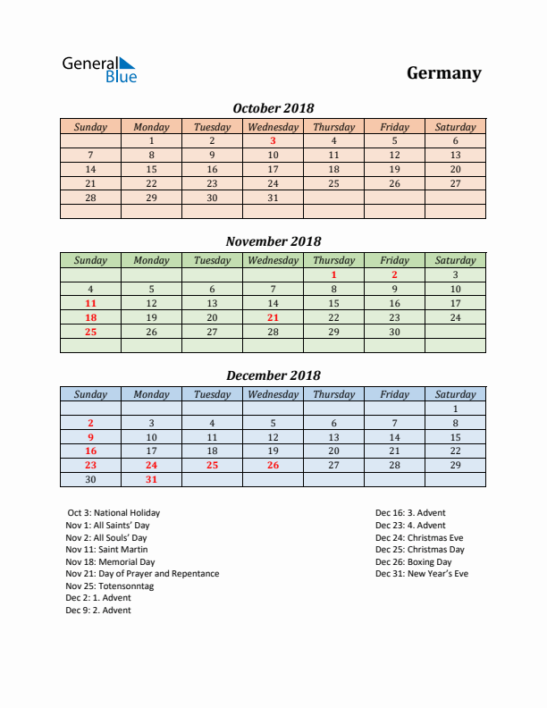 Q4 2018 Holiday Calendar - Germany