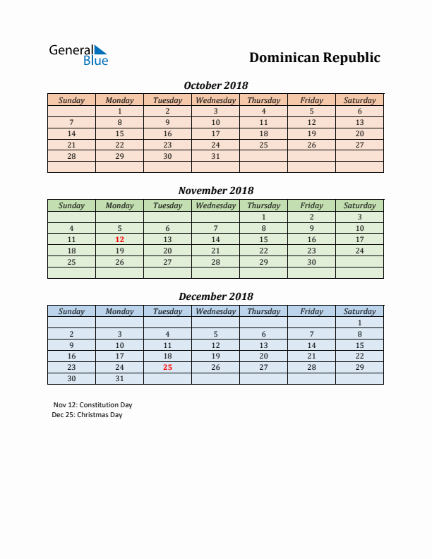 Q4 2018 Holiday Calendar - Dominican Republic