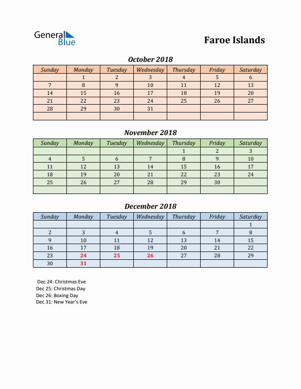 Q4 2018 Holiday Calendar - Faroe Islands