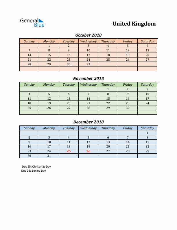 Q4 2018 Holiday Calendar - United Kingdom