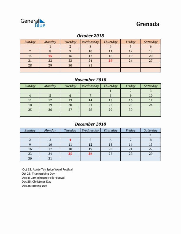 Q4 2018 Holiday Calendar - Grenada