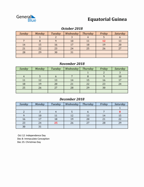 Q4 2018 Holiday Calendar - Equatorial Guinea