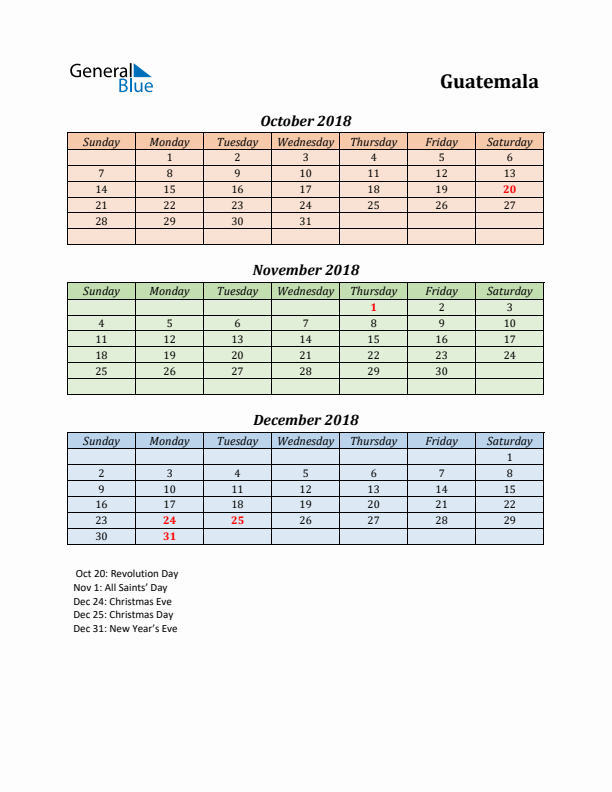 Q4 2018 Holiday Calendar - Guatemala