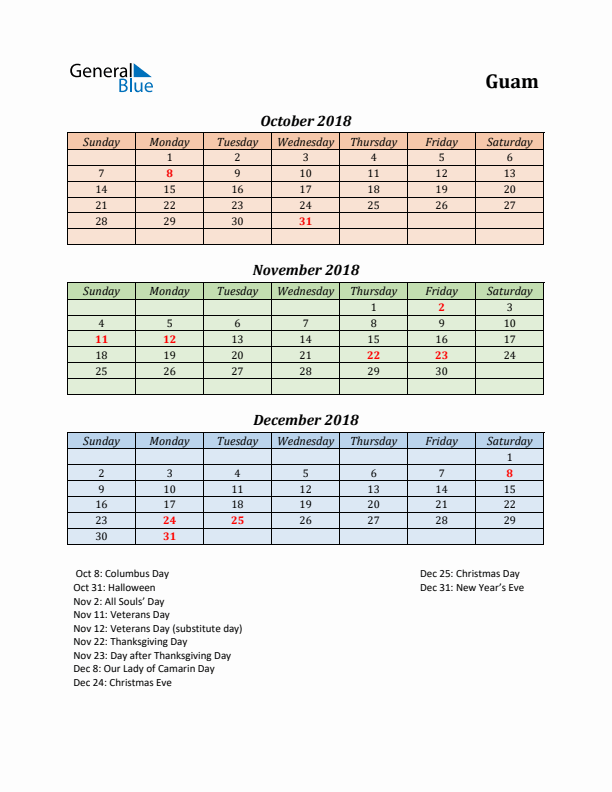 Q4 2018 Holiday Calendar - Guam