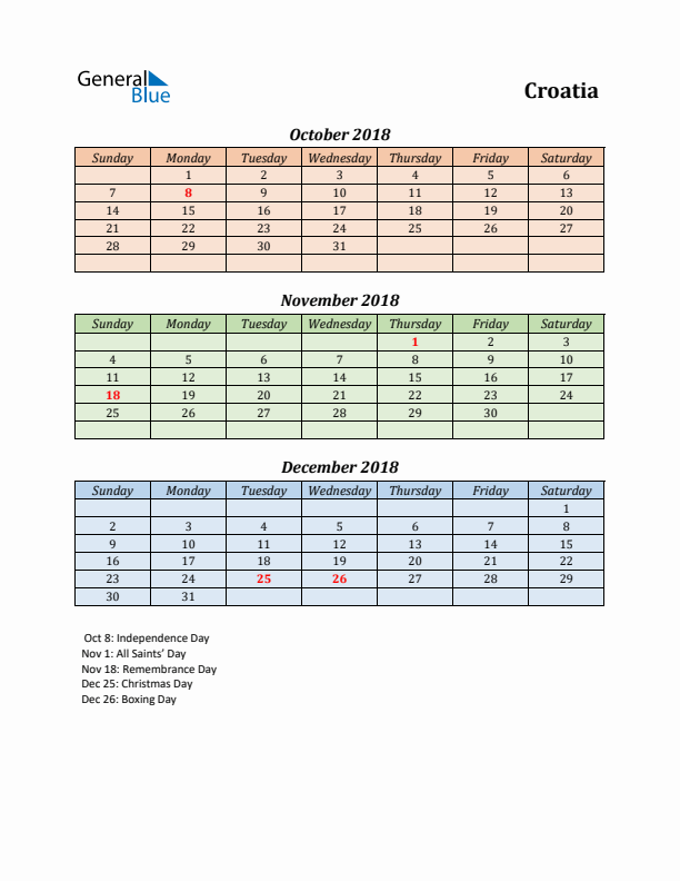 Q4 2018 Holiday Calendar - Croatia