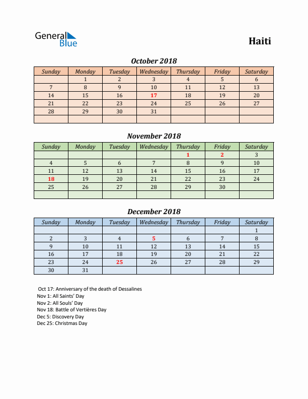 Q4 2018 Holiday Calendar - Haiti